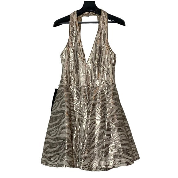 Bebe Sequined Deep V-Neck Fit and Flare Mini Dress Womens 10 Gold NWT - Picture 2 of 8